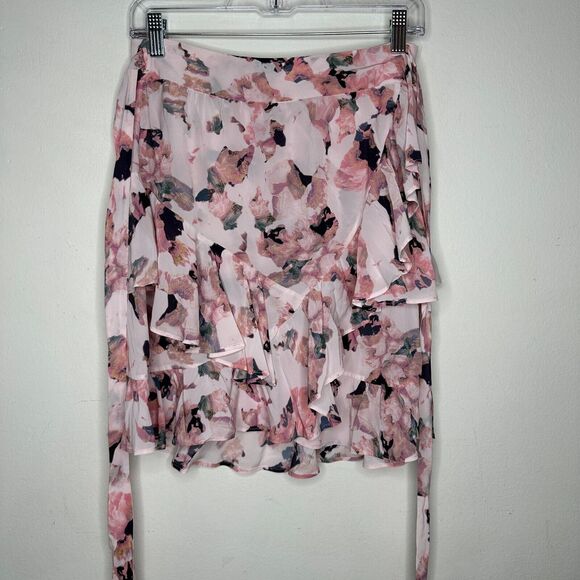 Iro Floral Light Pink Abstract Daring Wrap Flowy Layered Ruffled Mini Skirt 40 - Picture 4 of 16